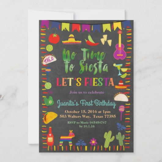 Chalkboard Fiesta Verjaardag Uitnodiging Mexicaans (Voorkant)