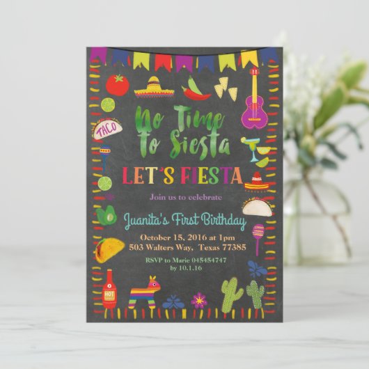 Chalkboard Fiesta Verjaardag Uitnodiging Mexicaans (Staand voorkant)