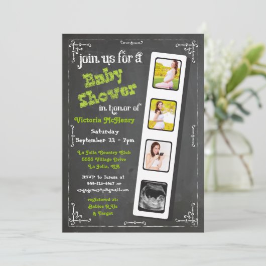 Chalkboard Film Strip Baby Shower Invitting Kaart (Staand voorkant)