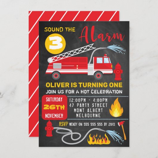 Chalkboard Fire Truck Verjaardag uitnodiging (Voorkant / Achterkant)