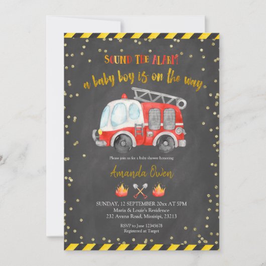 Chalkboard Firefighter Boy Baby shower Invitation Kaart (Voorkant)