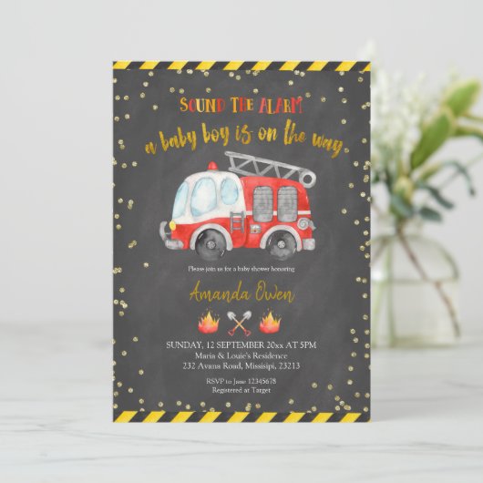 Chalkboard Firefighter Boy Baby shower Invitation Kaart (Staand voorkant)