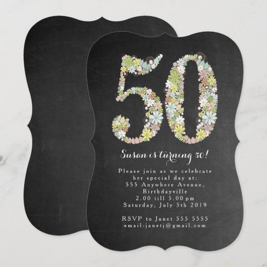 Chalkboard Floral 50th Birthday Party Invite Kaart (Voorkant / Achterkant)