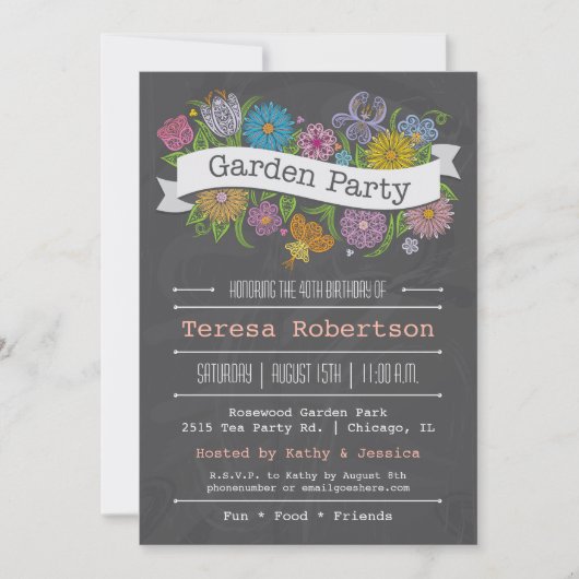 Chalkboard Floral Banner Garden Party Kaart (Voorkant)