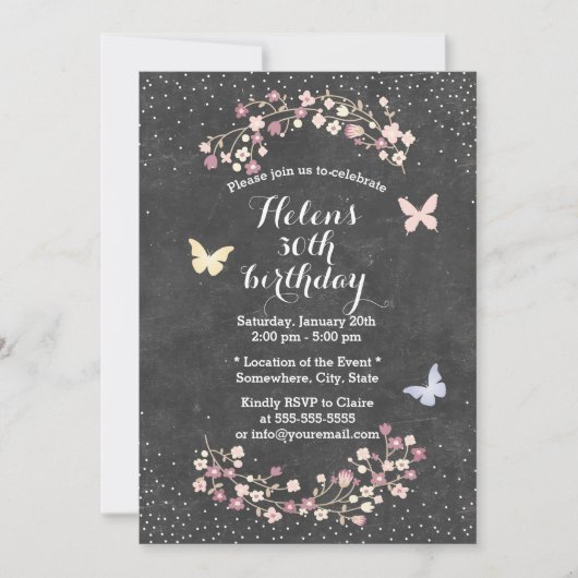  Chalkboard Floral Birthday Party Kaart (Voorkant)