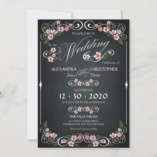 Chalkboard Floral  Bold Wedding Kaart (Voorkant)