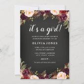 Chalkboard Floral Bourgondië Baby shower Uitnodigi Kaart (Voorkant)