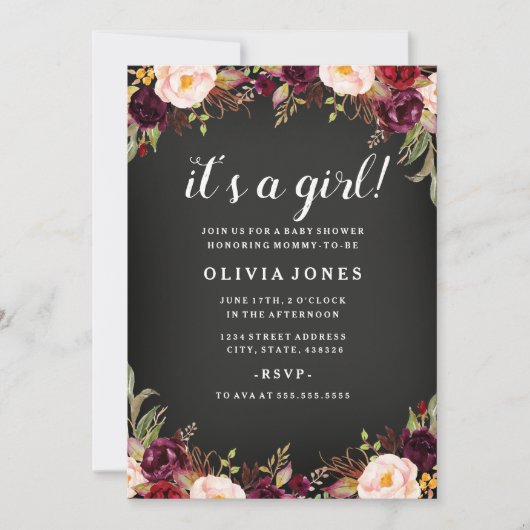 Chalkboard Floral Bourgondië Baby shower Uitnodigi Kaart (Voorkant)