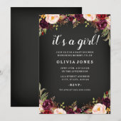 Chalkboard Floral Bourgondië Baby shower Uitnodigi Kaart (Voorkant / Achterkant)