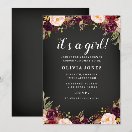 Chalkboard Floral Bourgondië Baby shower Uitnodigi Kaart (Voorkant / Achterkant)