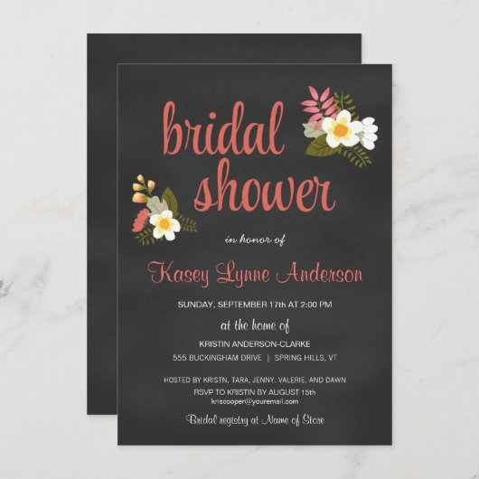 Chalkboard Floral Bridal Shower Invitations Kaart (Voorkant / Achterkant)