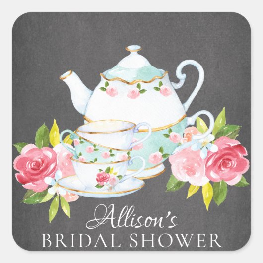 Chalkboard Floral Bridal Tea Party Envelopzegel Vierkante Sticker (Voorkant)