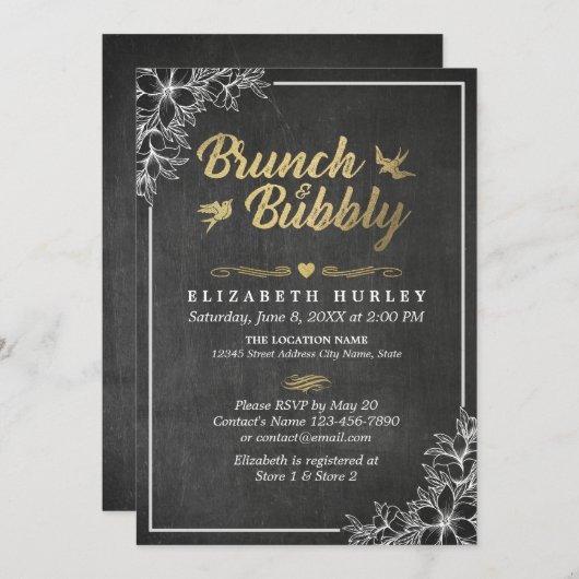 Chalkboard Floral Brunch en Bubble Vrijgezellenfee Kaart (Voorkant / Achterkant)