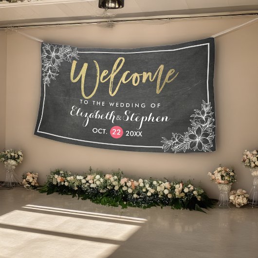 Chalkboard Floral Chic Gold Script Weduwschap Welk Spandoek