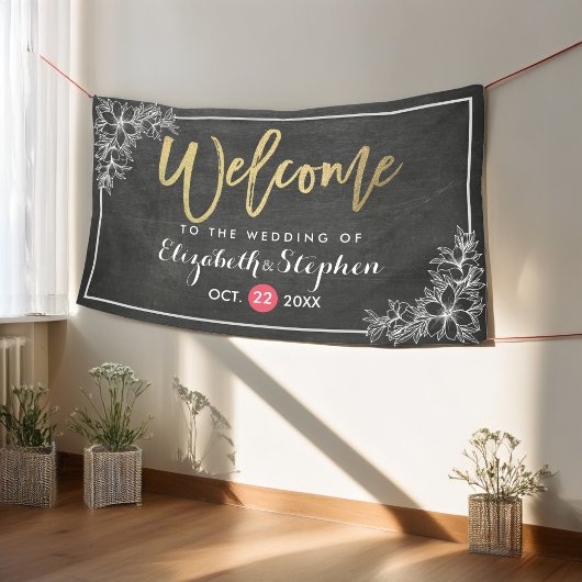 Chalkboard Floral Chic Gold Script Weduwschap Welk Spandoek