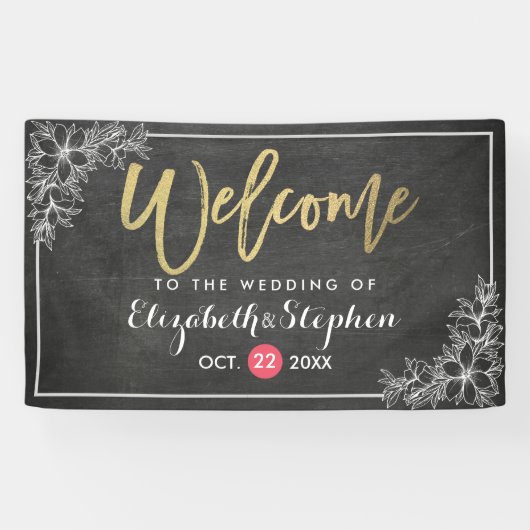 Chalkboard Floral Chic Gold Script Weduwschap Welk Spandoek (Horizontaal)