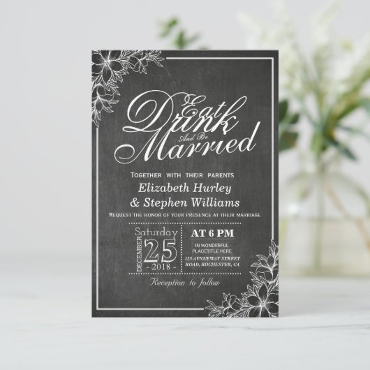 Chalkboard Floral EAT Drink is huwelijkshuwelijk Kaart (Staand voorkant)