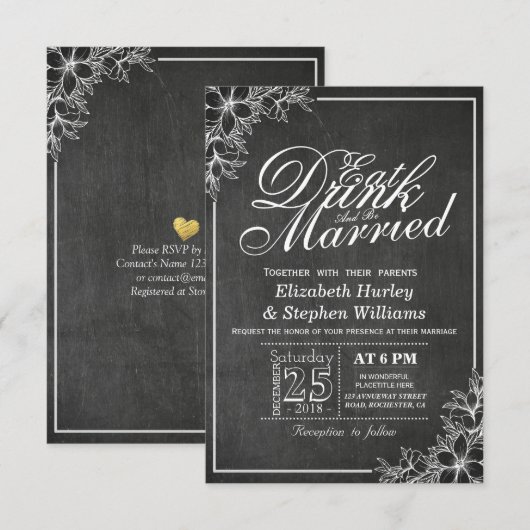 Chalkboard Floral EAT Drink is huwelijkshuwelijk Kaart (Voorkant / Achterkant)
