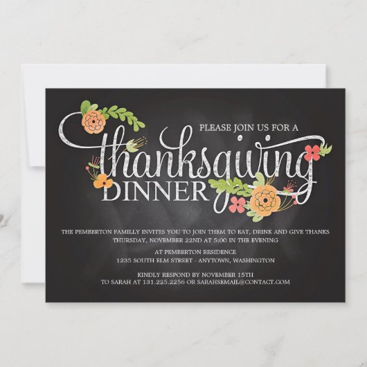 Chalkboard Floral Elegant Thanksgiving Dinner Kaart (Voorkant)