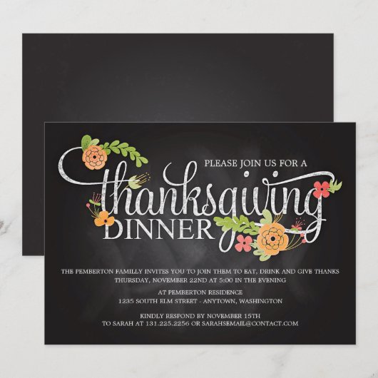 Chalkboard Floral Elegant Thanksgiving Dinner Kaart (Voorkant / Achterkant)