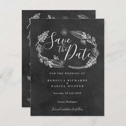 Chalkboard Floral Garland Save the Date Aankondigingskaart (Voorkant / Achterkant)