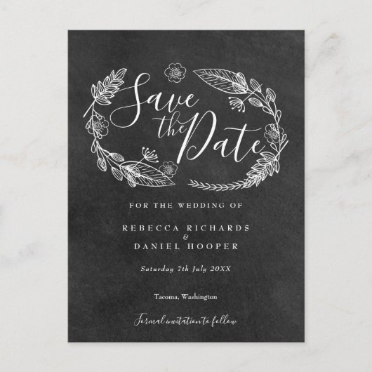Chalkboard Floral Garland Save the Date Aankondigingskaart (Voorkant)