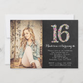 Chalkboard Floral Girls 16th Birthday Party Invite Kaart (Voorkant)