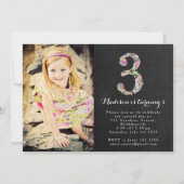 Chalkboard Floral Girls 3rd Birthday Party Invite Kaart (Voorkant)