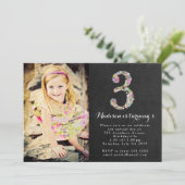 Chalkboard Floral Girls 3rd Birthday Party Invite Kaart (Staand voorkant)