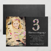 Chalkboard Floral Girls 3rd Birthday Party Invite Kaart (Voorkant / Achterkant)