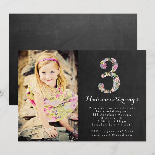 Chalkboard Floral Girls 3rd Birthday Party Invite Kaart (Voorkant / Achterkant)