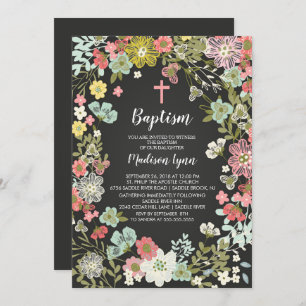 Chalkboard Floral GIRLS Baptism Invitation Kaart