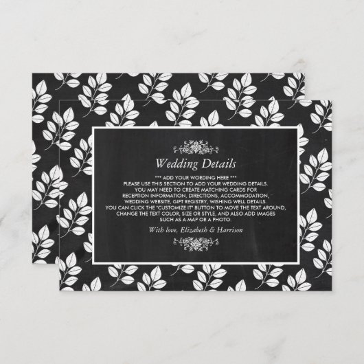 Chalkboard Floral Leaf Wedding Detail Informatiekaartje (Voorkant / Achterkant)
