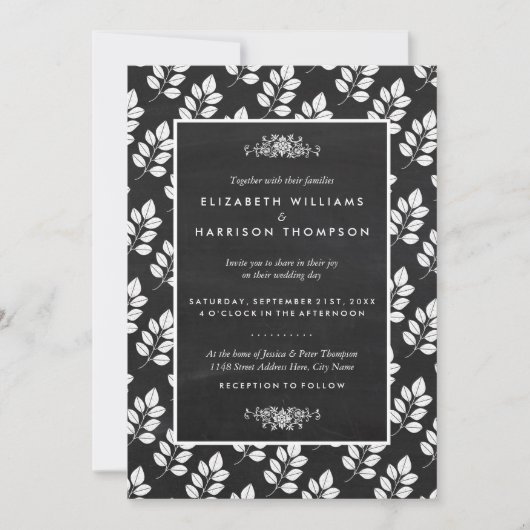 Chalkboard Floral Leaf Wedding Kaart (Voorkant)