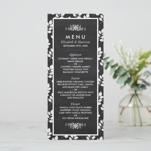 Chalkboard Floral Leaf Wedding Menu (Staand voorkant)