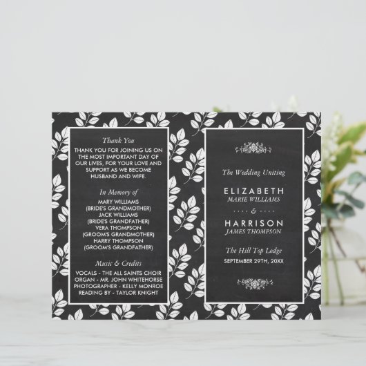 Chalkboard Floral Leaf Wedding Programme (Staand voorkant)