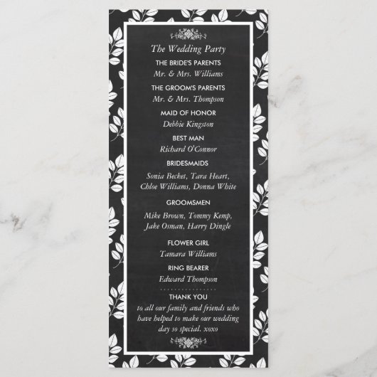 Chalkboard Floral Leaf Wedding Programme Programmakaart (Achterkant)