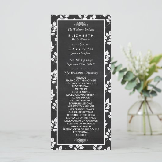 Chalkboard Floral Leaf Wedding Programme Programmakaart (Staand voorkant)