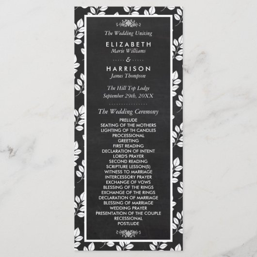 Chalkboard Floral Leaf Wedding Programme Programmakaart (Voorkant)