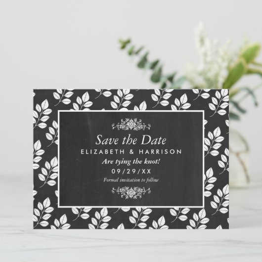 Chalkboard Floral Leaf Wedding Save The Date (Staand voorkant)
