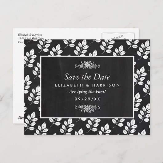 Chalkboard Floral Leaf Wedding Save the Date Briefkaart (Voorkant / Achterkant)