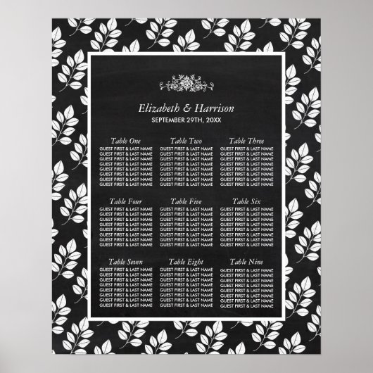Chalkboard - Floral Leaf Wedding Seding Chart Poster (Voorkant)