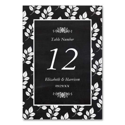 Chalkboard Floral Leaf Wedding Table No. Kaart (Voorkant)
