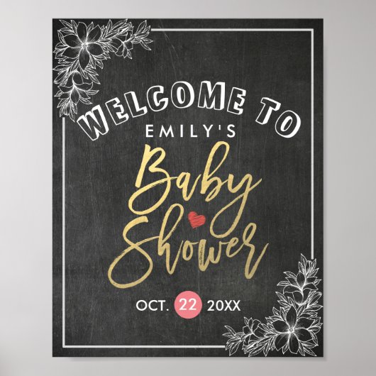 Chalkboard Floral Lijst Baby shower Welkomstteken Poster (Voorkant)