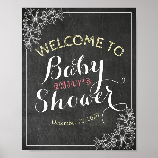 Chalkboard Floral Lijst Baby shower Welkomstteken Poster (Voorkant)