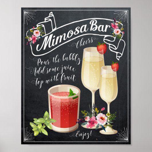 Chalkboard floral Mimosa Bar Weduwonderteken Poster (Voorkant)