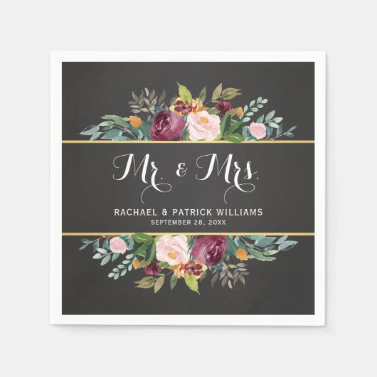 Chalkboard Floral Mr en Mrs Wedding Servet (Voorkant)