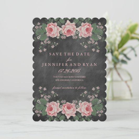 Chalkboard Floral Roos Save the Date (Staand voorkant)
