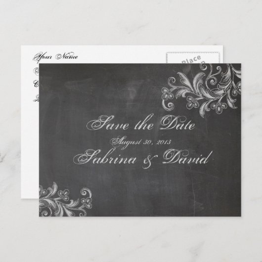 Chalkboard Floral Save the Date Briefkaart (Voorkant / Achterkant)