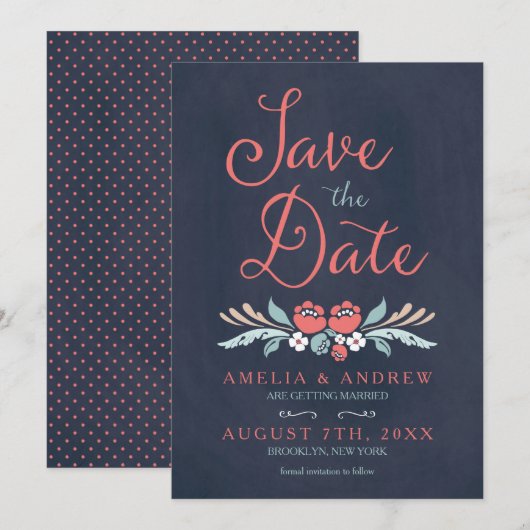 Chalkboard Floral Save the Date Kaart (Voorkant / Achterkant)
